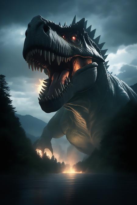 06593-1917267985-Hyperrealistic art BJ_Sacred_beast, T-rex, open_mouth, outdoors, sky, teeth, cloud, water, tree, no_humans, saliva, glowing, clo.png